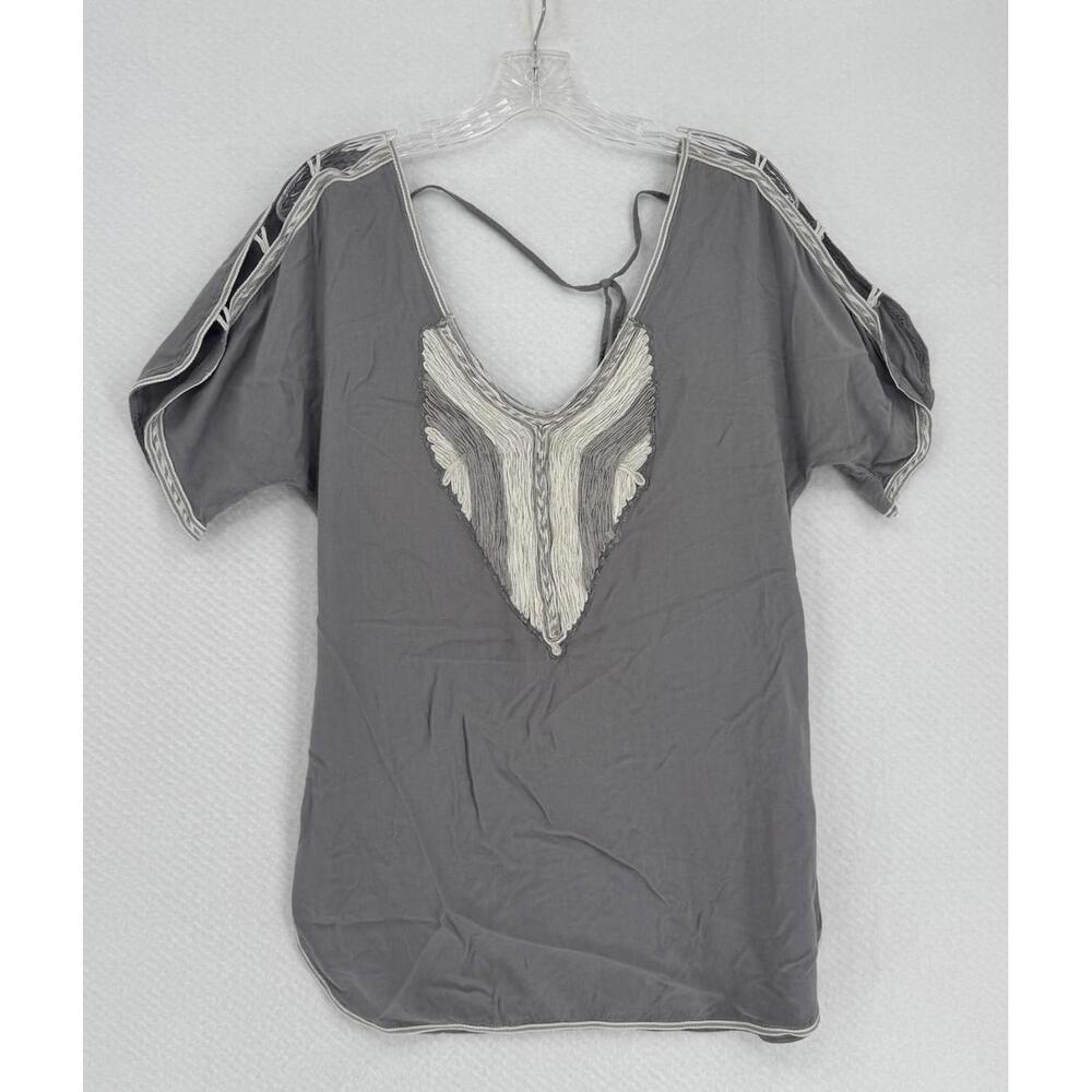 Free People Gray Embroidered Open Back Cold Shoulder Tunic Top Sz S - Picture 1 of 5